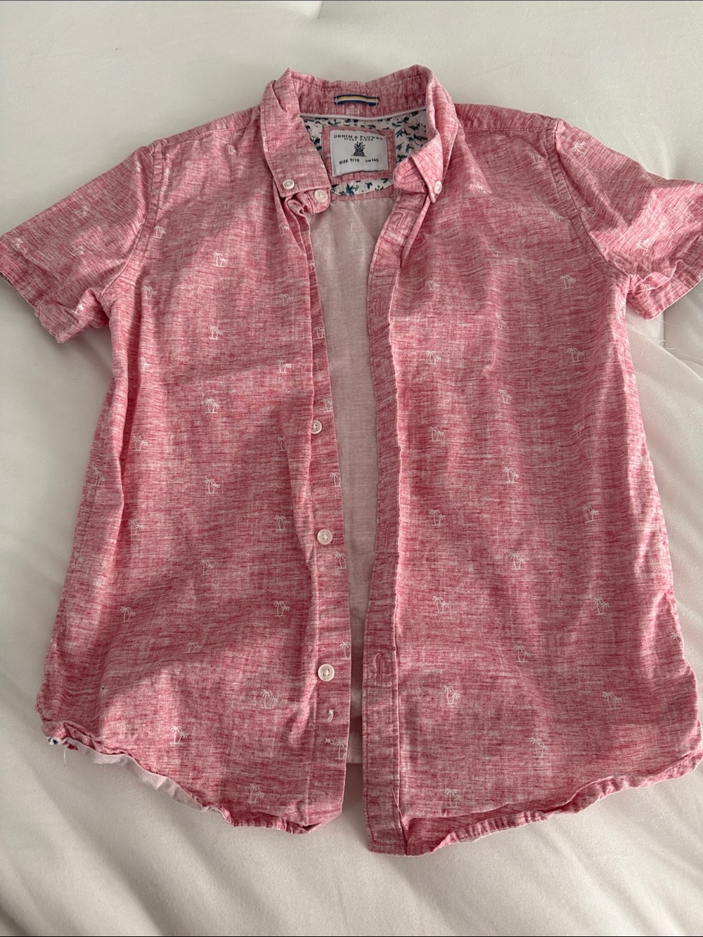 Denim & Flower Pink Heathered Short-Sleeve Button-Down Shirt / Palm Trees
